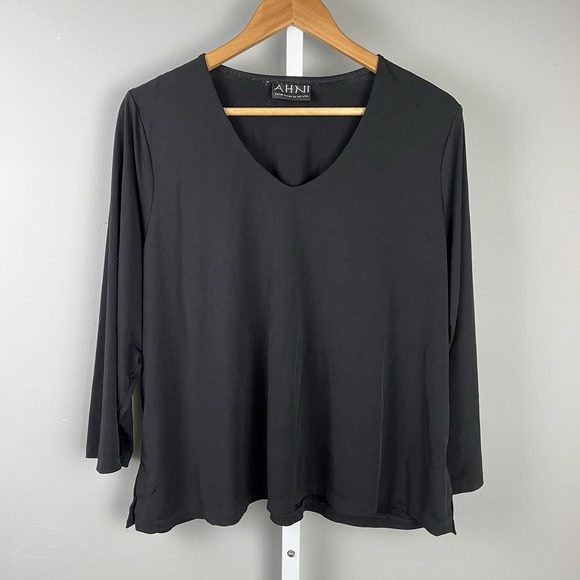 AHNI Solid Black Basic Top Size 3 Womens XL 3/4 Sleeve Pullover V-Neck - Picture 1 of 6